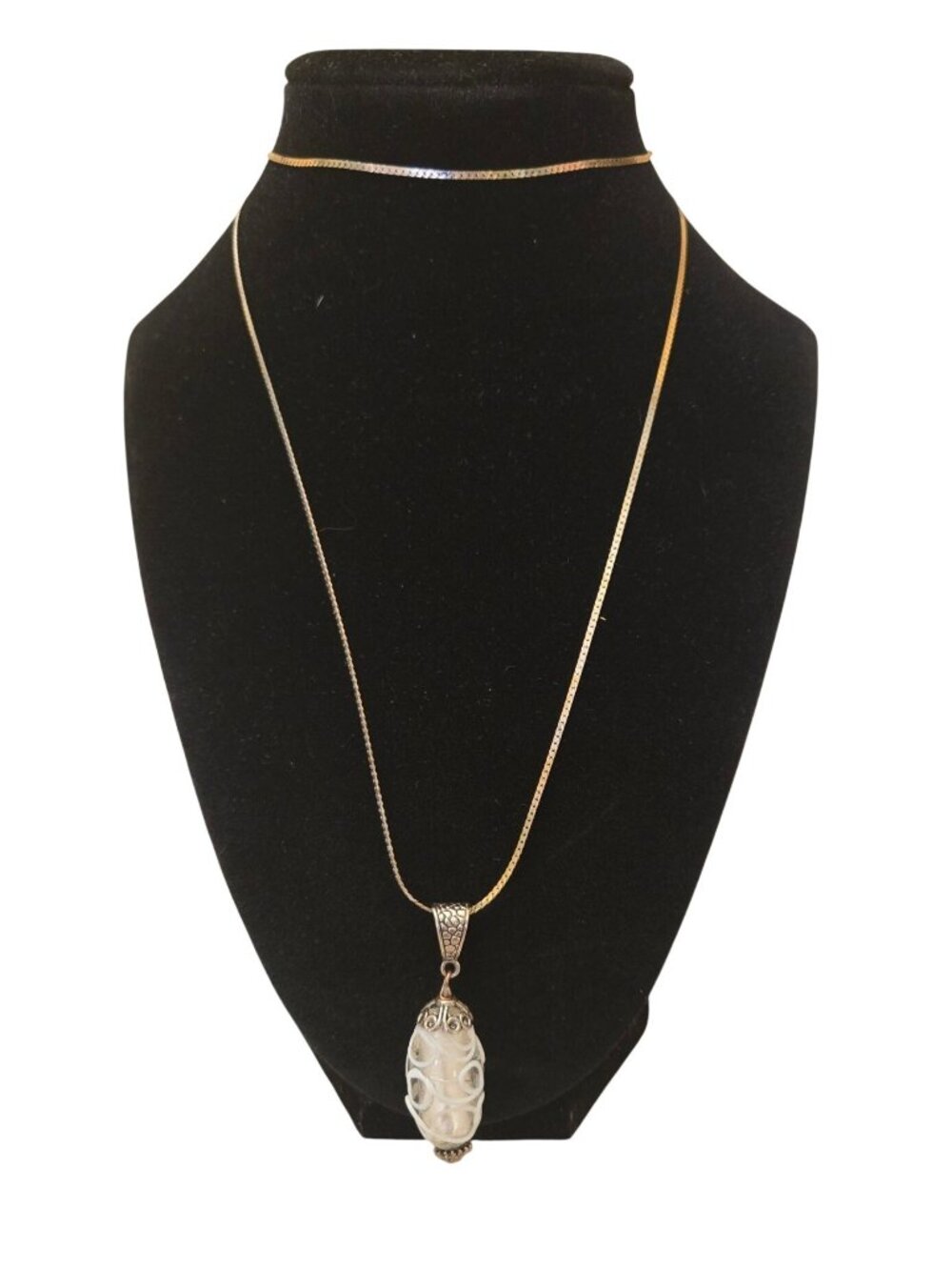 Art Glass Tear Drop Pendant Necklace White Lampwork Style With Scrollwork Silver